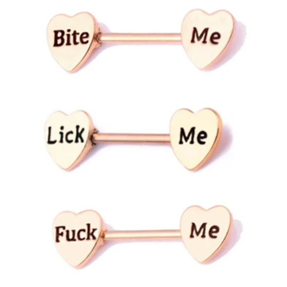 Rose Gold Nipple Rings "Bite Me" "Lick Me" "F*ck Me" You Choose Design 16G - Picture 5 of 5